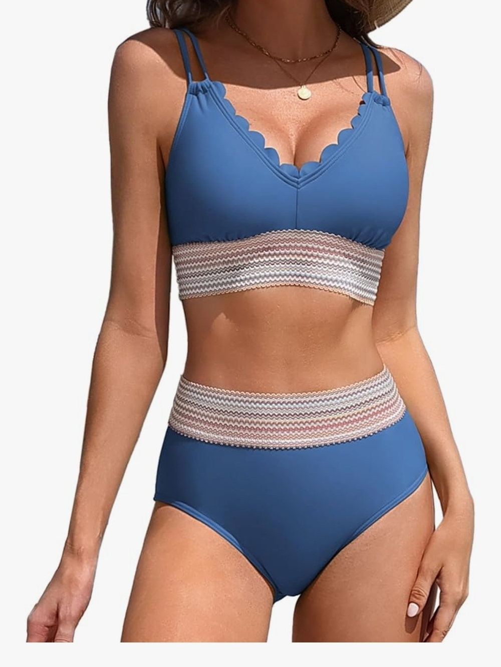 Women’s Scallop Trim Blue High-Waist Bikini Set